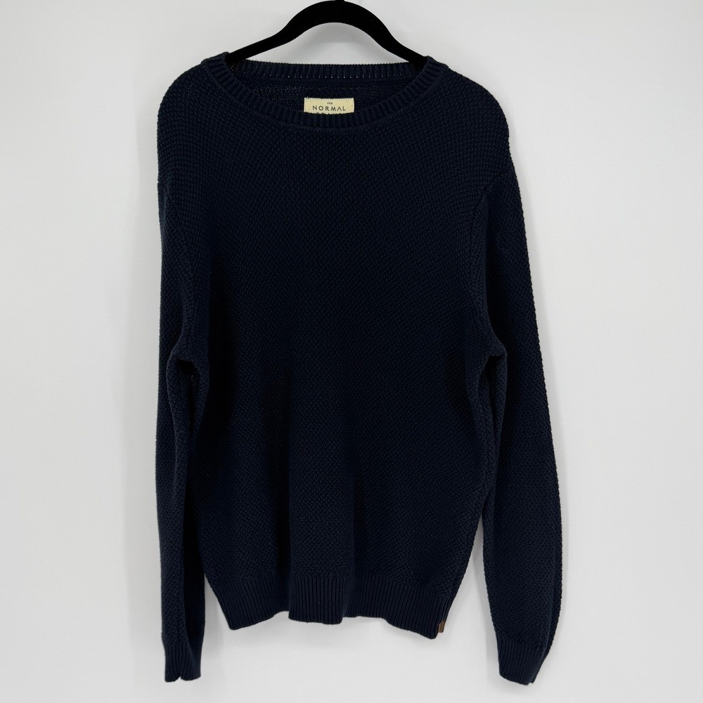 The Normal Brand Mens Navy Blue Knit 100% Cotton Crewneck Sweater Large